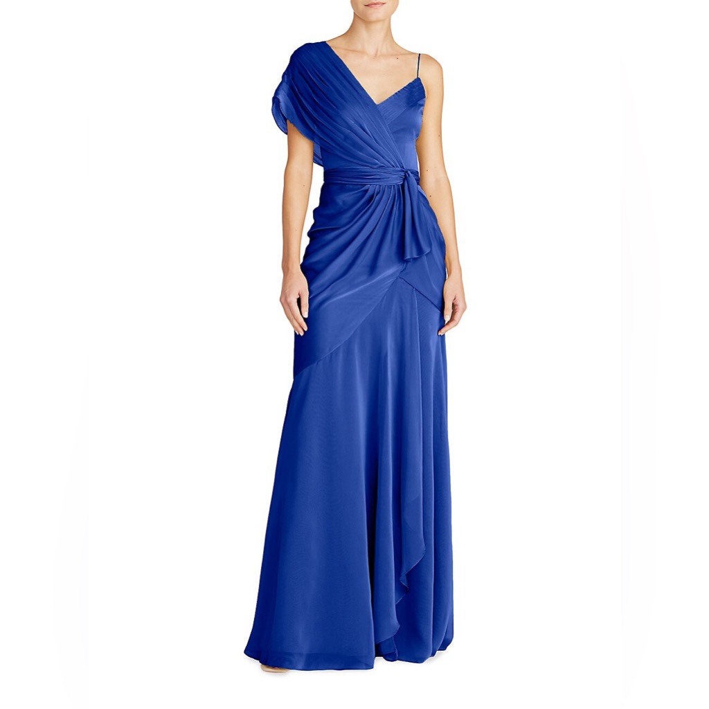 Theia Jana Asymmetric Draped Satin Gown